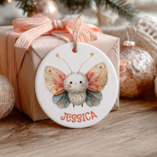 Cute Watercolor Moth Pattern with Photo Pastel  Ceramic Tree Decoration