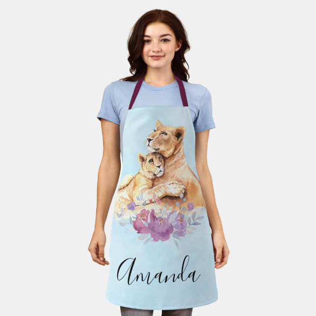 Cute Watercolor Mother Lion & Cub Apron (Worn)