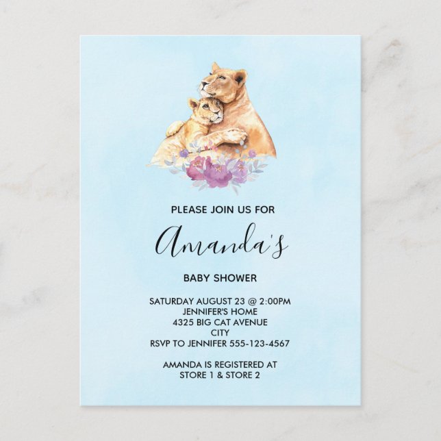 Cute Watercolor Mother Lion & Cub Baby Shower Invitation Postcard (Front)