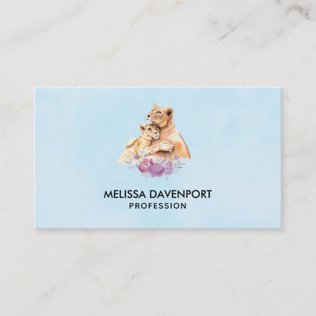 Cute Watercolor Mother Lion & Cub Business Card (Front)