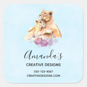 Cute Watercolor Mother Lion & Cub Business Square Sticker
