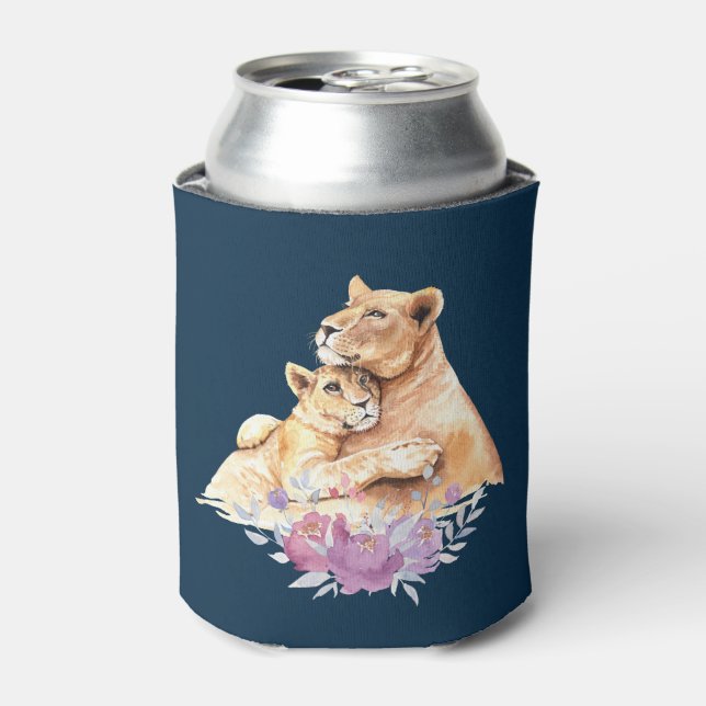 Cute Watercolor Mother Lion & Cub Can Cooler (Can Front)