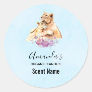 Cute Watercolor Mother Lion & Cub Candle Classic Round Sticker