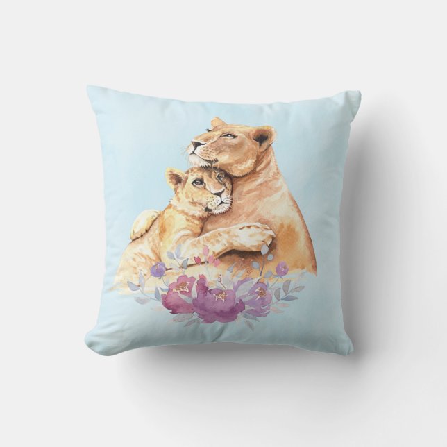 Cute Watercolor Mother Lion & Cub Cushion (Front)