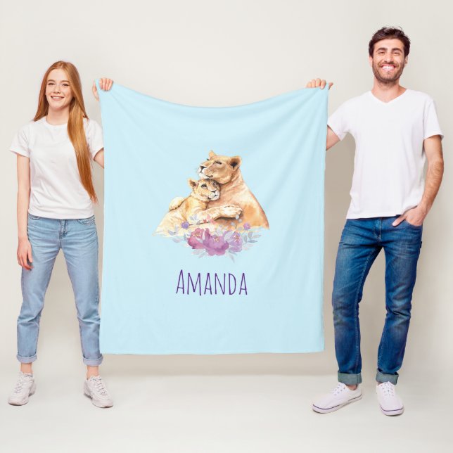 Cute Watercolor Mother Lion & Cub Fleece Blanket (In Situ)
