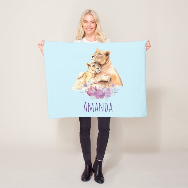 Cute Watercolor Mother Lion & Cub Fleece Blanket (In Situ)