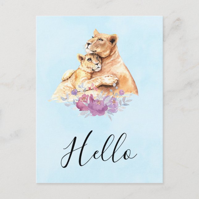 Cute Watercolor Mother Lion & Cub Hello Postcard (Front)