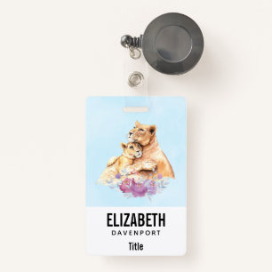 Cute Watercolor Mother Lion & Cub ID Badge
