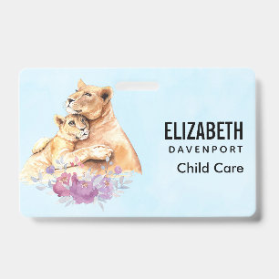 Cute Watercolor Mother Lion & Cub ID Badge