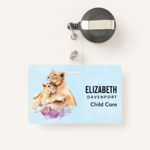 Cute Watercolor Mother Lion & Cub ID Badge