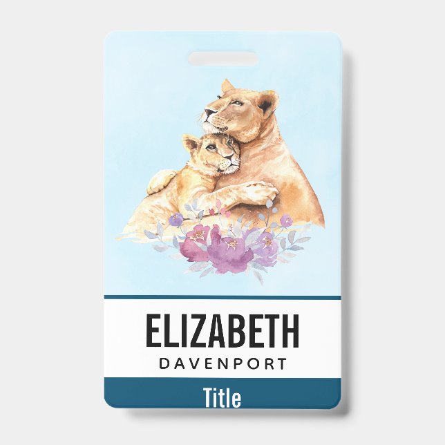 Cute Watercolor Mother Lion & Cub ID Badge (Front)
