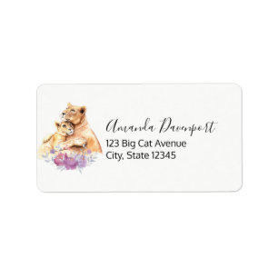 Cute Watercolor Mother Lion & Cub Label