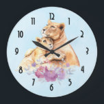 Cute Watercolor Mother Lion & Cub Large Clock<br><div class="desc">A clock with a cute watercolor painting of a mother lion holding her baby cub. Some pretty floral flowers below them,  adds a gentle touch to this sweet and adorable image.</div>