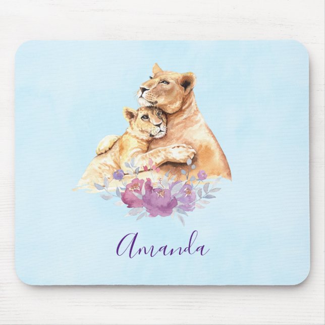 Cute Watercolor Mother Lion & Cub Mouse Pad (Front)