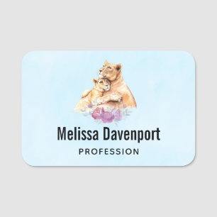 Cute Watercolor Mother Lion & Cub Name Tag