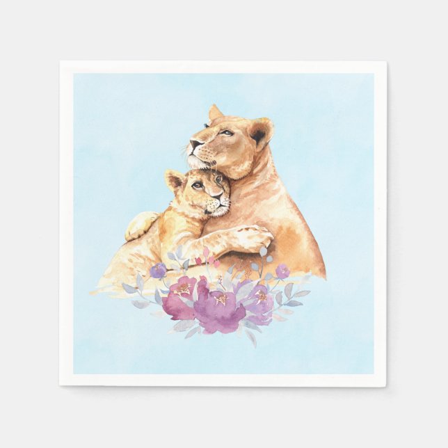 Cute Watercolor Mother Lion & Cub Napkin (Front)
