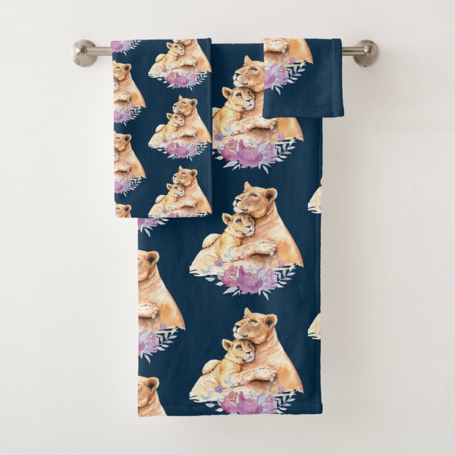 Cute Watercolor Mother Lion & Cub Pattern Bath Towel Set (Insitu)