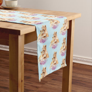 Cute Watercolor Mother Lion & Cub Pattern Short Table Runner