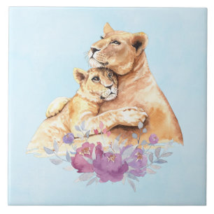 Cute Watercolor Mother Lion & Cub Tile