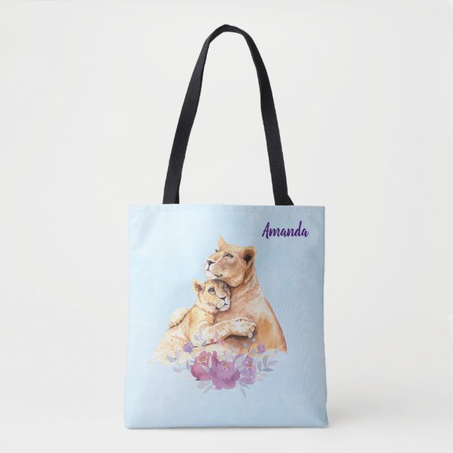 Cute Watercolor Mother Lion & Cub Tote Bag (Front)