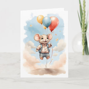 Cute Watercolor Mouse Floating with Balloons Blank Card