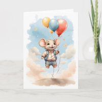 Cute Watercolor Mouse Floating with Balloons Blank
