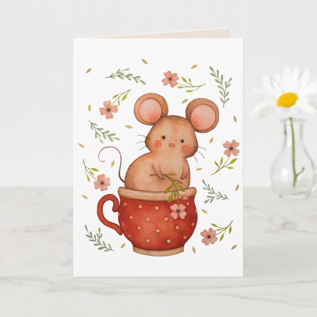 Cute Watercolor Mouse In A Teacup Birthday Card (Small Plant)