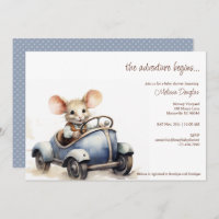 Cute Watercolor Mouse in Blue Car Baby Shower