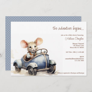 Cute Watercolor Mouse in Blue Car Baby Shower Invitation