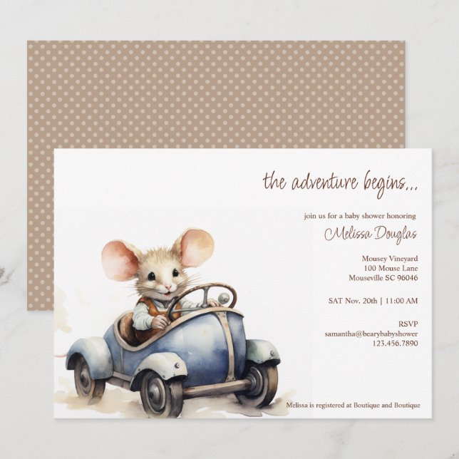 Cute Watercolor Mouse in Blue Car Baby Shower Invitation (Front/Back)