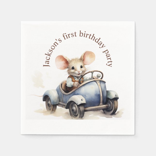 Cute Watercolor Mouse in Blue Car First Birthday Napkin (Front)