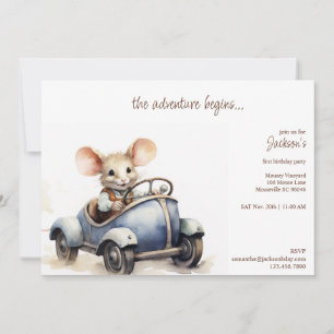 Cute Watercolor Mouse in Blue Kid's Birthday Party Invitation