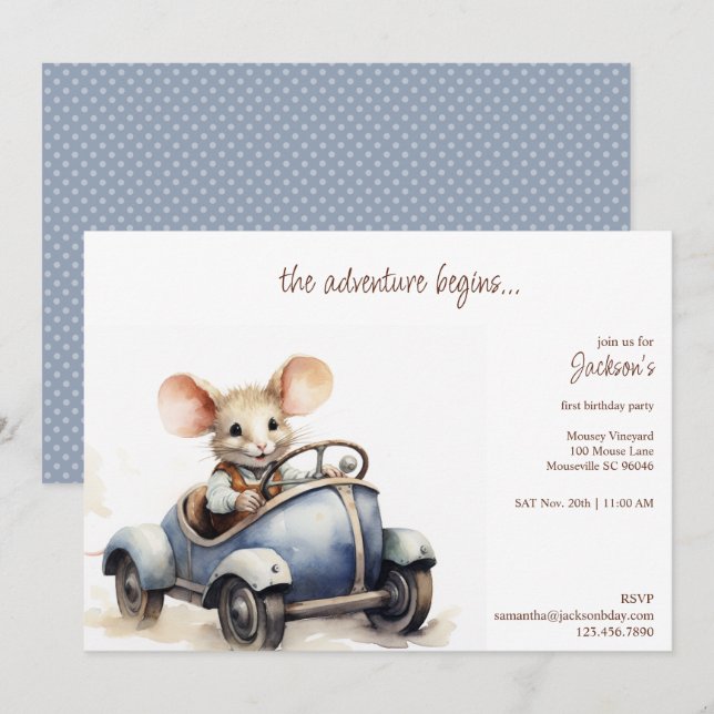 Cute Watercolor Mouse in Blue Kid's Birthday Party Invitation (Front/Back)