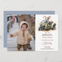 Cute Watercolor Mouse in Green Car 1st Birthday