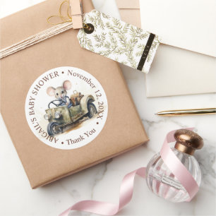 Cute Watercolor Mouse in Green Car Baby Shower Classic Round Sticker