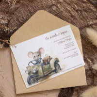 Cute Watercolor Mouse in Green Car Baby Shower