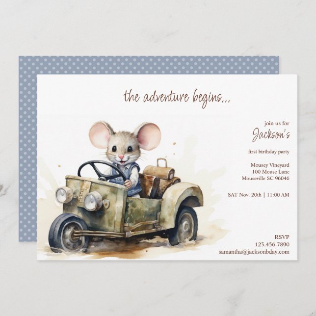 Cute Watercolor Mouse in Green Car Kid's Birthday Invitation (Front/Back)