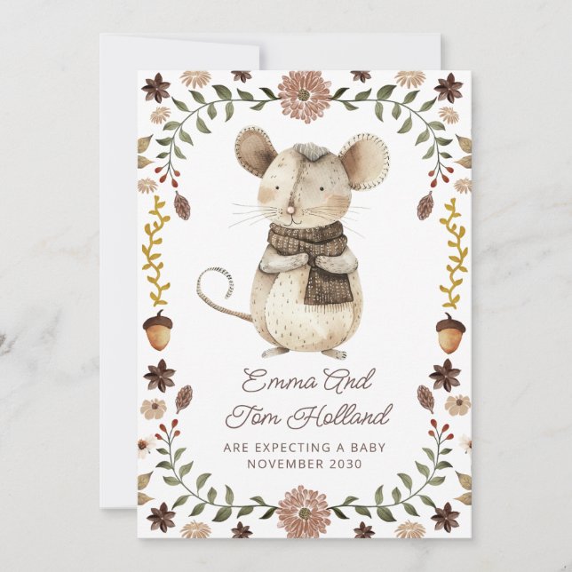 Cute Watercolor Mouse Pregnancy Announcement (Front)