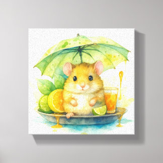 Cute Watercolor Mouse Under Umbrella Canvas Art !