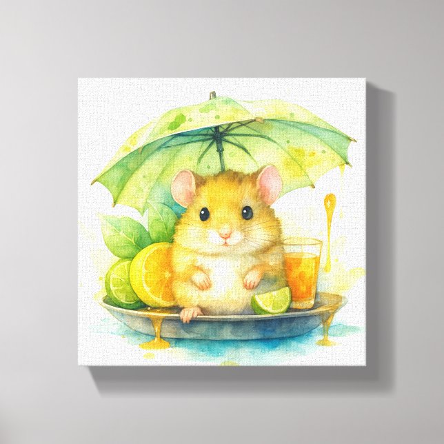 Cute Watercolor Mouse Under Umbrella Canvas Art ! (Front)