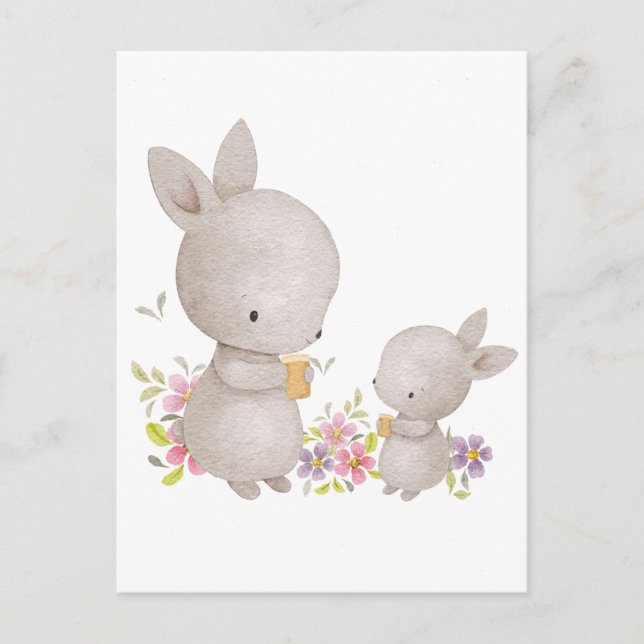 Cute Watercolor Mum and Baby Bunnies Postcard (Front)