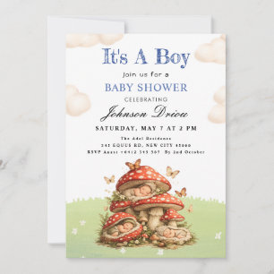 Cute Watercolor Mushroom Baby Boy Shower Invitation
