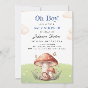 Cute Watercolor Mushroom Baby Boy Shower Invitation