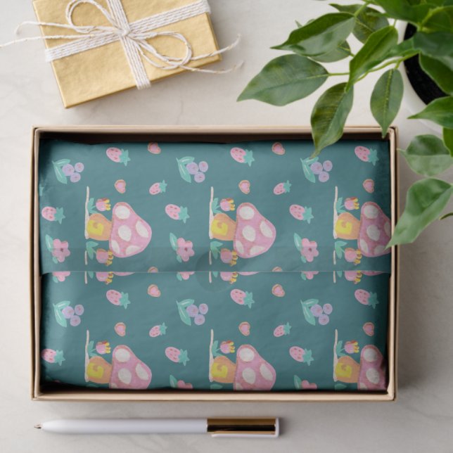 cute watercolor Mushroom flowers green Tissue Paper (Gift)