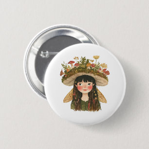 Cute Watercolor Mushroom Girl Fairy Pinback Button