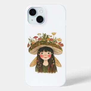 Cute Watercolor Mushroom Girl Fairy Pinback Button iPhone 15 Case
