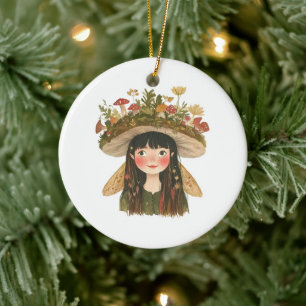 Cute Watercolor Mushroom Girl Fairy Pinback Button Ceramic Tree Decoration