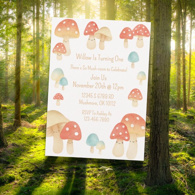Cute Watercolor Mushroom Kids Birthday Invitation (Whimsical watercolor mushroom birthday invitation design )