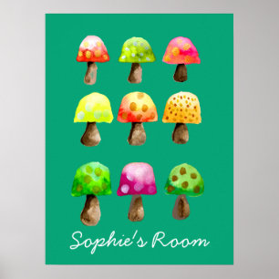 Cute watercolor mushrooms girl's room poster