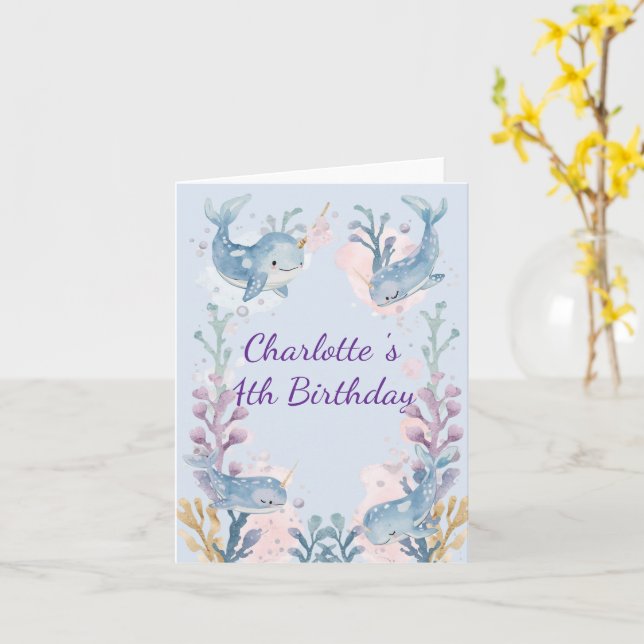 Cute Watercolor Narwhal Whale fish Seamless Sea  Card (Yellow Flower)